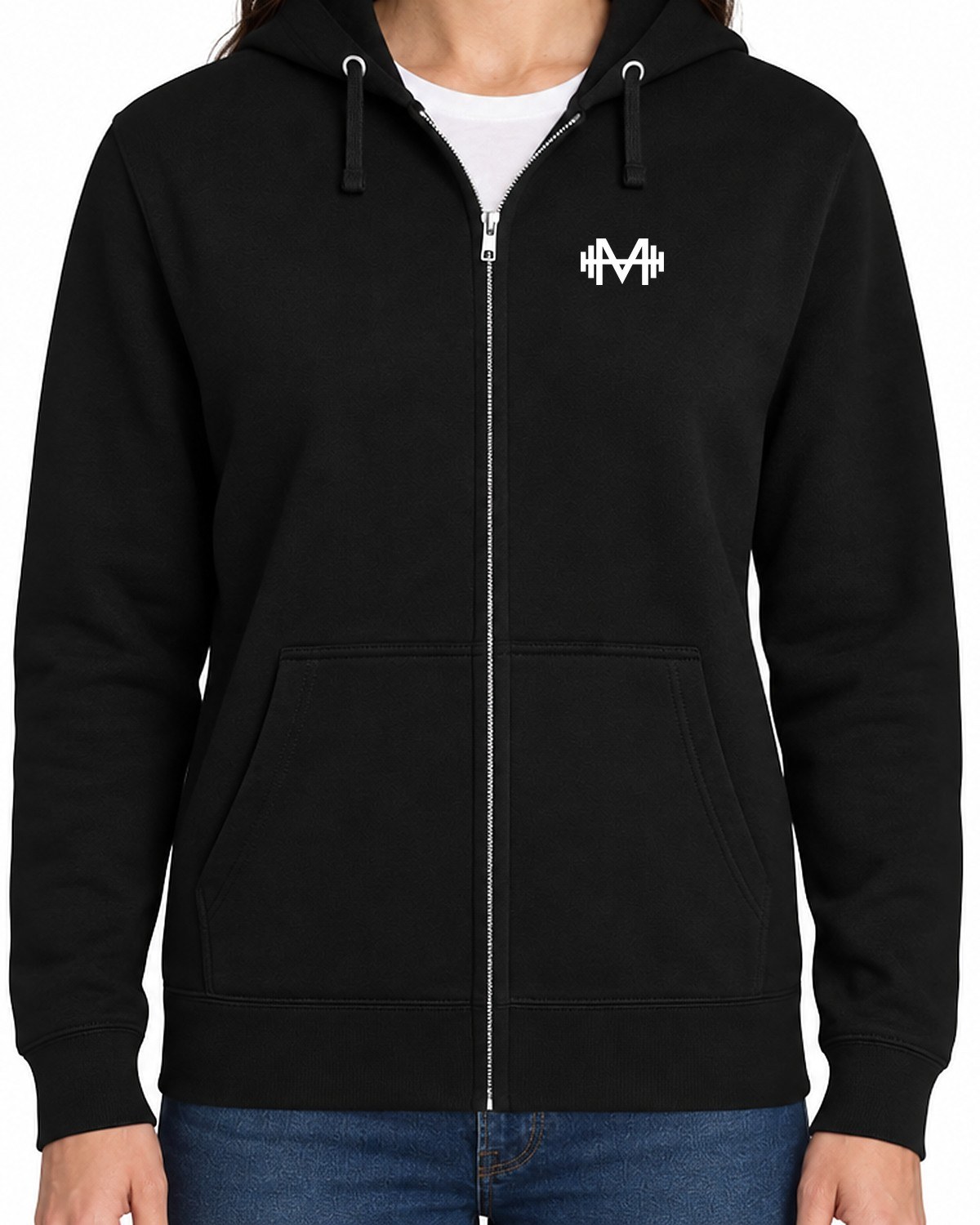 Front of the black District zip-up hoodie with a small white Studio M logo on the left chest